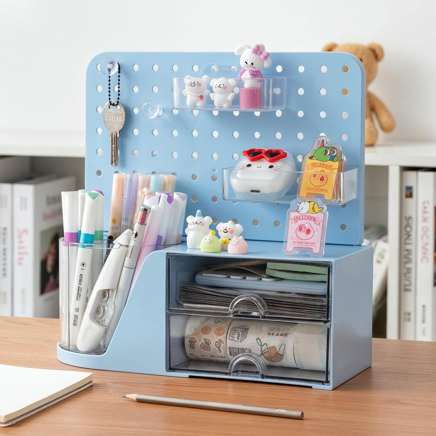 Comix 360° Rotating Pen Holder for Desk, Cute Pencil Holder Pen Organizer, Beige Acrylic Pencil Cup Caddy with 5 Slots for Home School Office Supplies