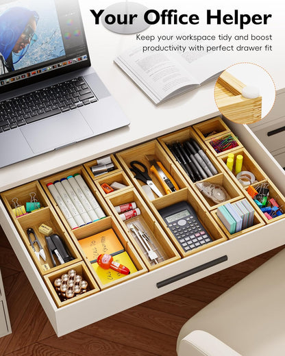 Bamboo Drawer Organizer with 9 Adjustable Compartments, Office Desk Organization Tray for Office Utensils, Supplies, Makeup, Jewelry, and More – Ideal for Desk or Drawer Storage