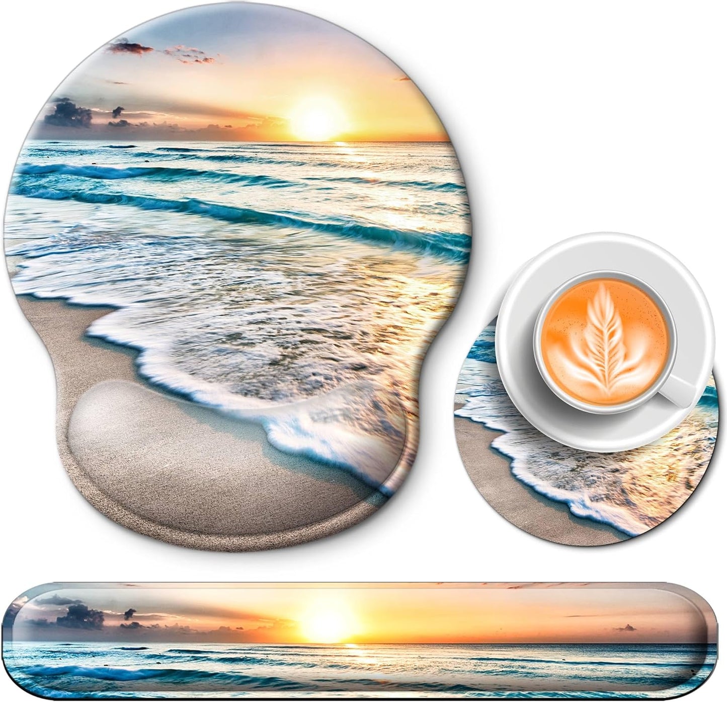 Mouse Pad and Keyboard Wrist Rest Support, with Non-Slip PU Base,Gel Mouse Pad with Coaster,Pain Relief for Gaming, Computer,Office -Beach