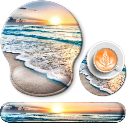 Mouse Pad and Keyboard Wrist Rest Support, with Non-Slip PU Base,Gel Mouse Pad with Coaster,Pain Relief for Gaming, Computer,Office -Beach