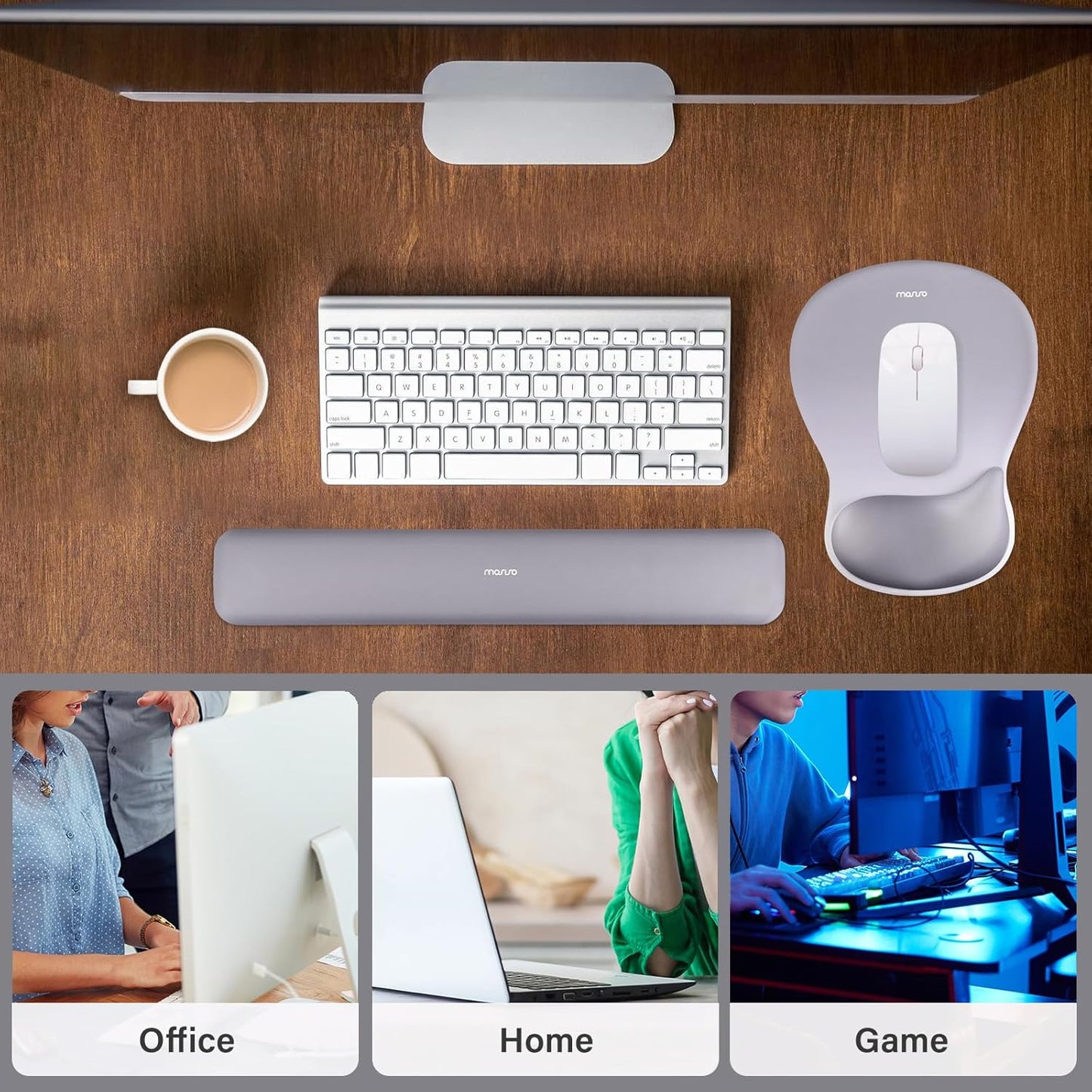 MOSISO Wrist Rest Support for Mouse Pad&Keyboard Set, Ergonomic Mousepad with Concave Curved Memory Foam, Non-Slip Base Pain Relief Comfortable Rectangular Easy Typing Pad for Home/Office, Brown