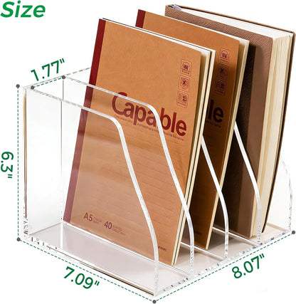 Acrylic Magazine File Holder, 4 Vertical Compartments Desk Document Sorter Organizer, Clear Folder Rack Binder for Office/Home/Classroom, for Documents, Tablet, Magazines, Books & Accessories