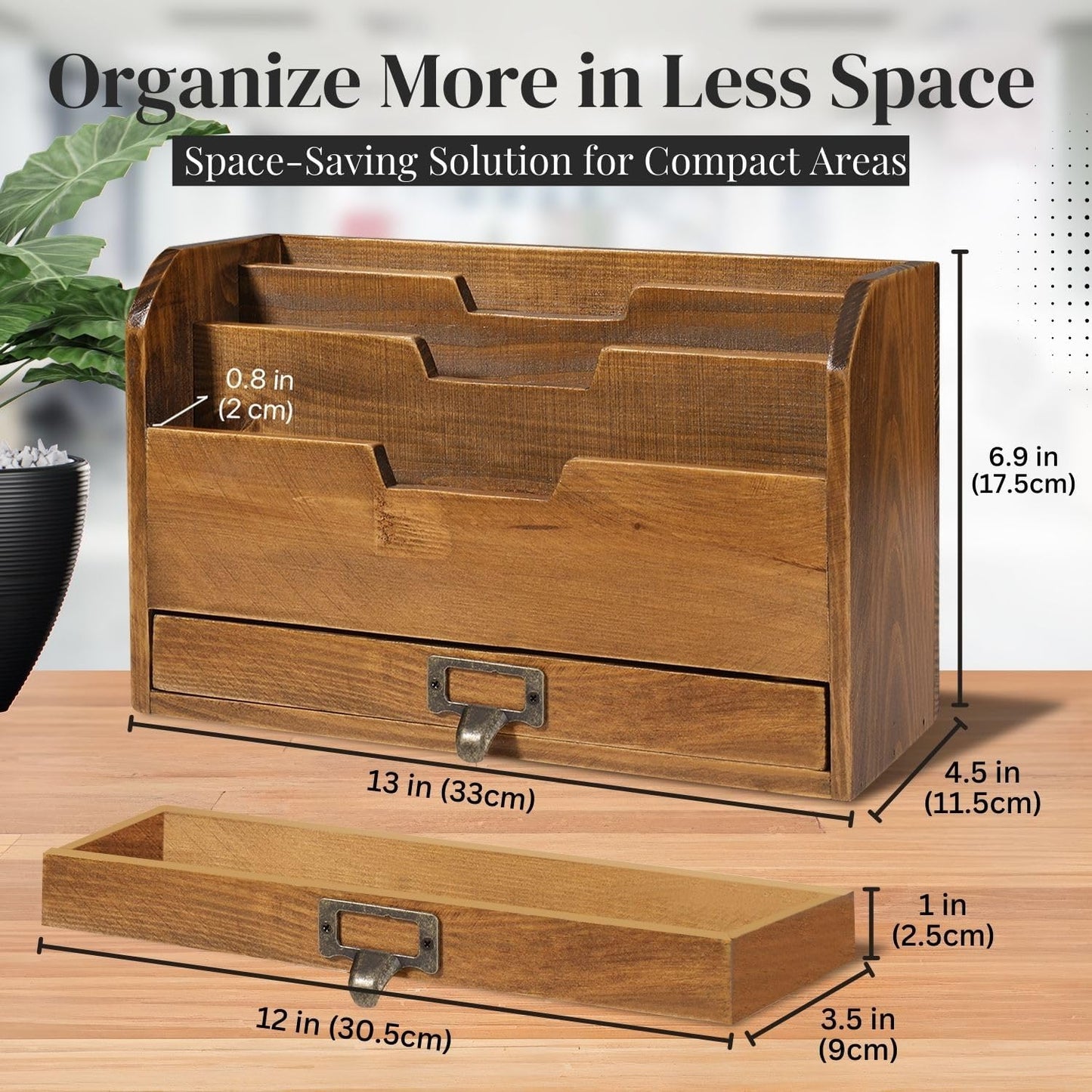 Flexzion 3 Tier Wooden Desk Organizer - Country Rustic Compartments Slot File Tray Pencil Sorter Shelf Holder Supplies Rack Accessories Set with Storage Drawer for Desktop Tabletop Office Home Brown