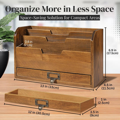 Flexzion 3 Tier Wooden Desk Organizer - Country Rustic Compartments Slot File Tray Pencil Sorter Shelf Holder Supplies Rack Accessories Set with Storage Drawer for Desktop Tabletop Office Home Brown