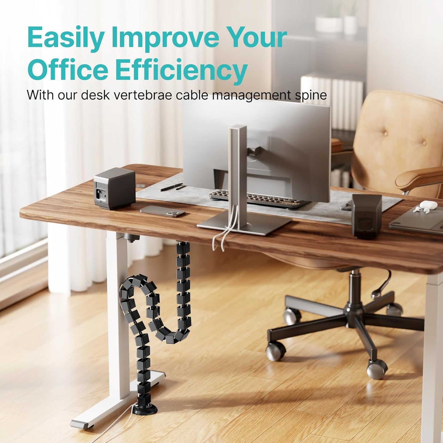 PEGZONE Under Desk Cable Management Spine – Flexible Cable Snake Organizer for Standing Desk, Tool-Free Magnetic Vertebrae Wire Management for 0.4"-2" Table, White