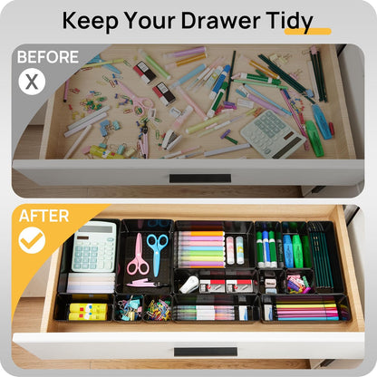 Vtopmart 25 PCS Clear Plastic Drawer Organizers Set, 4-Size Versatile Bathroom and Vanity Drawer Organizer Trays, Storage Bins for Makeup, Bedroom, Kitchen Gadgets Utensils and Office