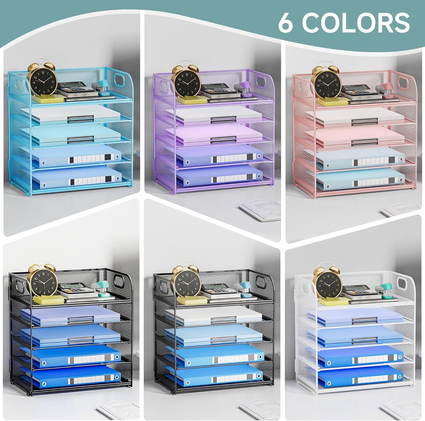 Paper Organizer Letter Tray with Handle, 5-Tier Black Stackable Desk Organizer with Metal Mesh, Sturdy Paper Tray for Office Desk, Home & Classroom Supplies Storage