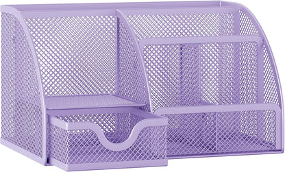 EasyPAG Mesh Desk Organizer with Drawer Multi-functional Pen Holder Stationery Organizer for Office School Supplies 6 Compartments Dorm Organizers and Storage for Desk, Black