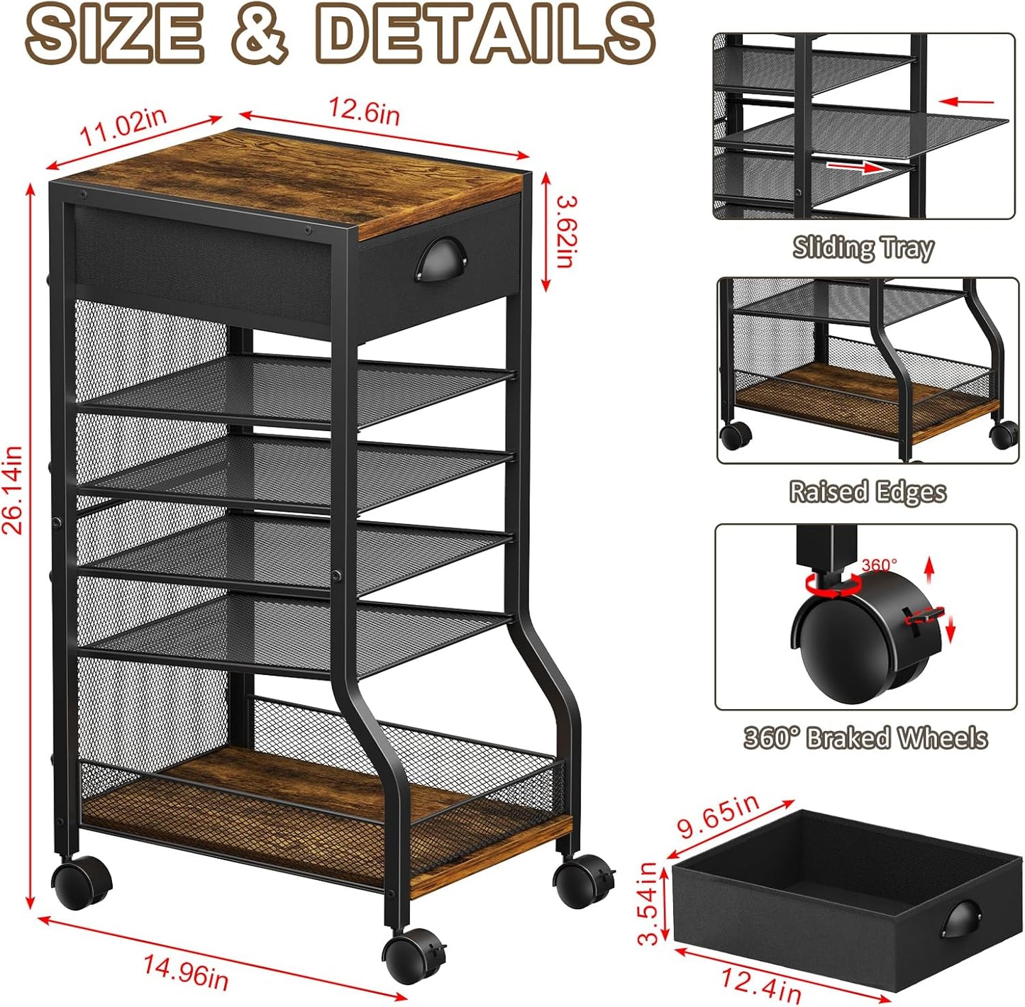 keomaisyto 6-Tier Rolling File Cart with Drawer, Under Desk Storage with Paper Letter Sliding Trays, Standing File Organizer with Wheels, Slim Workspace Organizers for Office/Home/School/Study