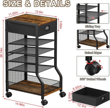 keomaisyto 6-Tier Rolling File Cart with Drawer, Under Desk Storage with Paper Letter Sliding Trays, Standing File Organizer with Wheels, Slim Workspace Organizers for Office/Home/School/Study