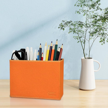 Leather Pen Holder, Brown Pencil Holder, Desktop Elegant Pen Holder for Desk, Stationery Organizer for School Office Home Dorm (3.3" x 3.3" x 4", Brown)