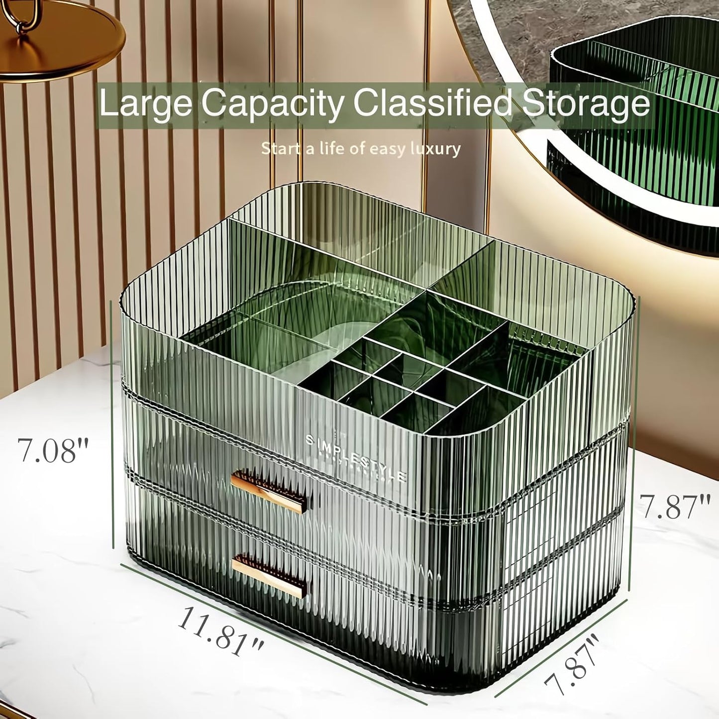 Stackable Cosmetics Organizer Drawers, Bathroom Vanity Makeup Organizers and Storage, Ideal for Desk and Dresser Countertops, Great for Palette, Skincare, Lipsticks, Nail Care. Green