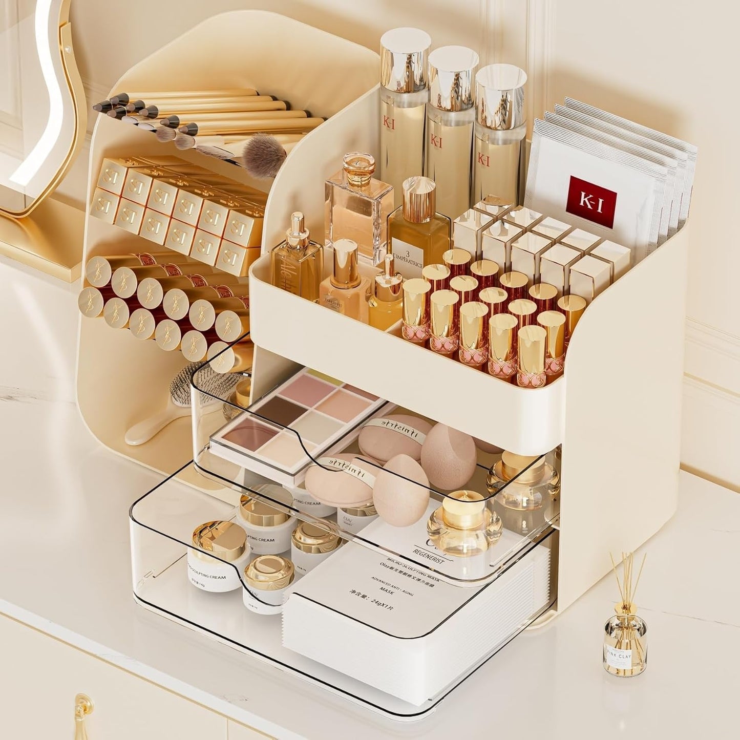 Booklov Makeup Organizer for Vanity, Countertop Cosmetic Display Case with Clear Acrylic Drawers, Bathroom Counter Beauty Caddy, Cute Table Storage Holder for Skincare, Brush Lipsticks, Crystal White