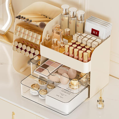Booklov Makeup Organizer for Vanity, Countertop Cosmetic Display Case with Clear Acrylic Drawers, Bathroom Counter Beauty Caddy, Cute Table Storage Holder for Skincare, Brush Lipsticks, Crystal White