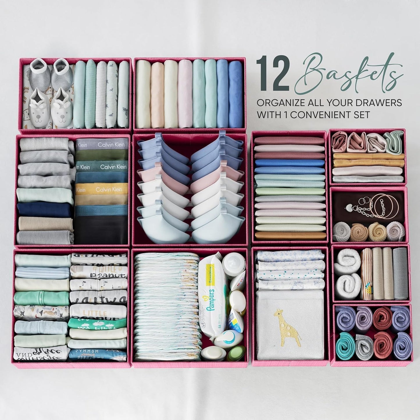 Drawer Organizer Clothes Set of 12 Grey - Dresser Organizer For Nursery, Bedroom, Closet - The Perfect Baby Clothes Organizer and Storage & General Nursery Organization or Dresser Drawer Organizers
