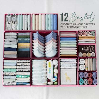 Drawer Organizer Clothes Set of 12 Grey - Dresser Organizer For Nursery, Bedroom, Closet - The Perfect Baby Clothes Organizer and Storage & General Nursery Organization or Dresser Drawer Organizers
