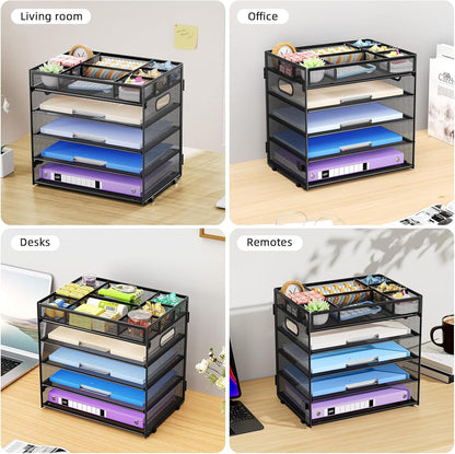 Marbrasse 5-Tier Letter Tray Paper Organizer with Handle, Multi-Functional Mesh File Organizer for Desk, Adjustable Compartments Mesh Desktop Storage for Office Supplies,Black