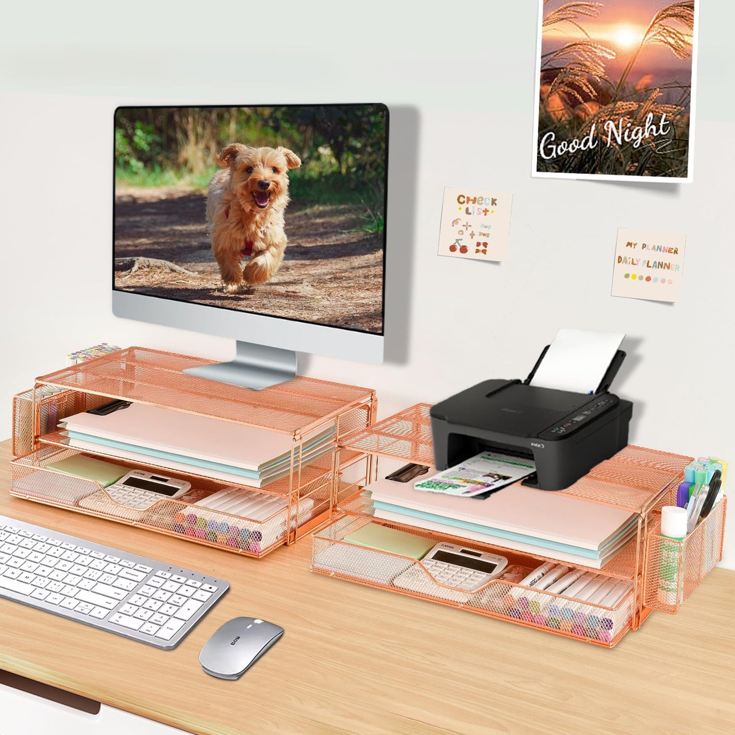 AUPSEN Wood Desk Organizers and Accessories, 2-Tier Computer Monitor Stand Riser with Drawer, Pen Storage & Phone Holder, Office Desk Accessories, Workspace Desktop Organization for Office Supplies（Brown）