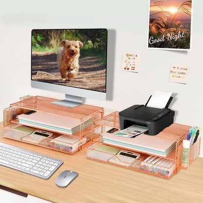 AUPSEN Wood Desk Organizers and Accessories, 2-Tier Computer Monitor Stand Riser with Drawer, Pen Storage & Phone Holder, Office Desk Accessories, Workspace Desktop Organization for Office Supplies（Brown）