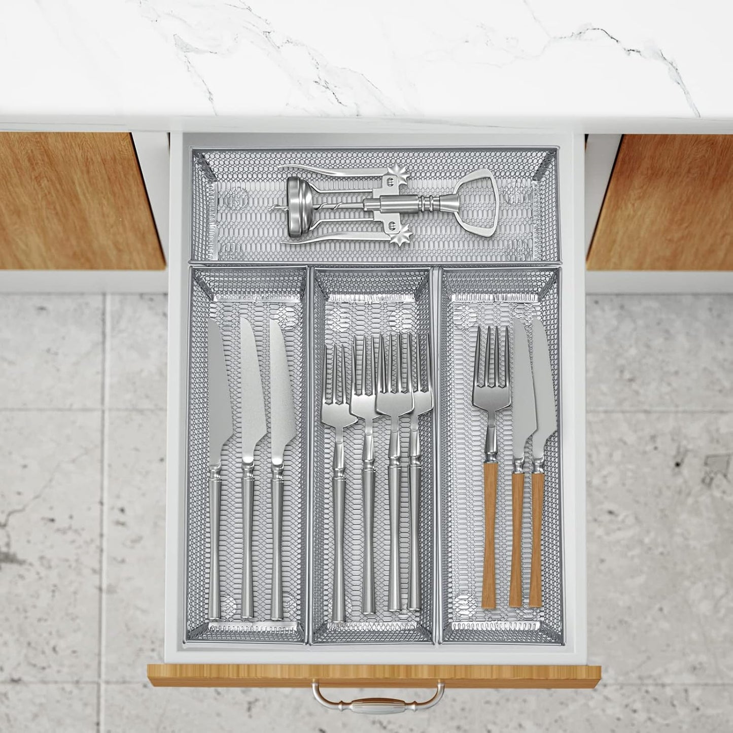 Neudeco Drawer Organizer Set 6 Pack - 5-Compartment Silverware Organizer Tray + 5 Utensil Trays, Kitchen Drawer Organizer for Flatware, Cutlery, Office Supplies, Black Mesh, Non-Slip.