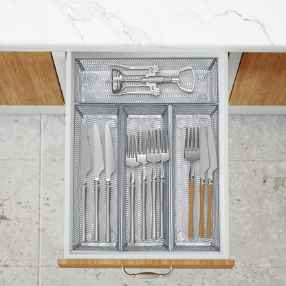 Neudeco Drawer Organizer Set 6 Pack - 5-Compartment Silverware Organizer Tray + 5 Utensil Trays, Kitchen Drawer Organizer for Flatware, Cutlery, Office Supplies, Black Mesh, Non-Slip.