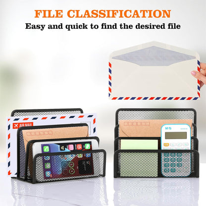 2 Pieces Desk Mail Organizer, Metal Mesh Small File Holders Letter Organizer, Bill/Document/Filing/Folders/Paper Organizer for Desktop (BLACK-2PCS)