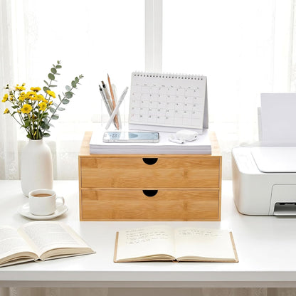 Desk Organizer with Drawers - Bamboo Desktop Organizer Storage | Wood Desk Drawers Organizer for Bills, Office Supplies, Cosmetics, Seals No Assembly Required (3 Drawer with Big Drawer)