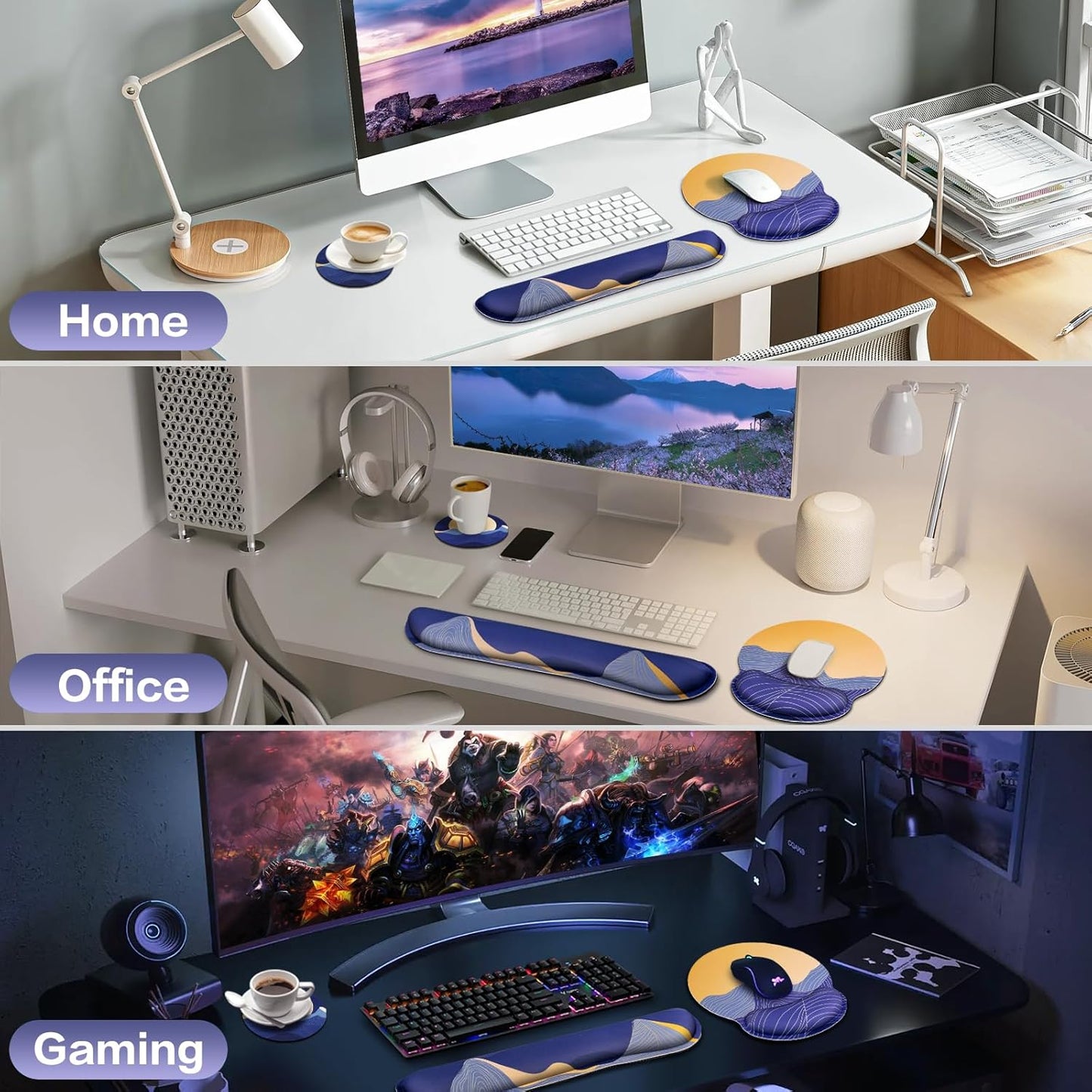 Mouse Pad with Wrist Rest Set, Qomolama 3-in-1 Wrist Support Mouse Pad Set, Floral Gaming Mousepad with Anti-Skid Base,Ergonomic Mouse Pad,Memory Foam Keyboard Gel Wrists Rest