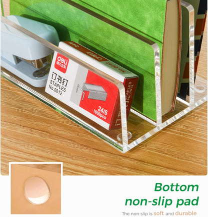 Clear Acrylic Desk Organizer – 3 Compartment Mail Holder & Letter Sorter for Office, Bills, Documents, Notebooks, Letter Tray – Modern Vertical File Rack for Home, Desk File Holder
