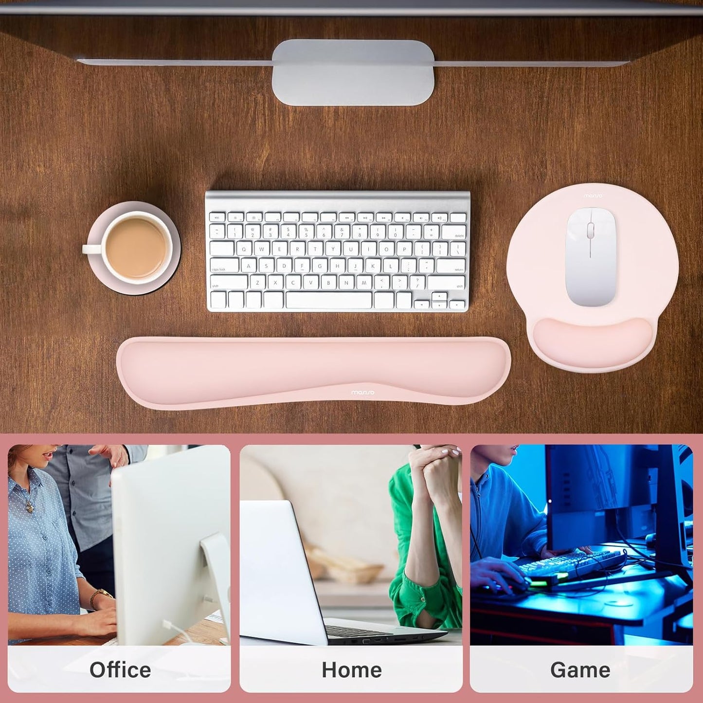 MOSISO Wrist Rest Support for Mouse Pad&Keyboard Set, Streamline Ergonomic Mousepad&Coaster Non-Slip Base Home/Office Pain Relief&Easy Typing Pad with Soft Cloth&Silicone Lining, Antique Green