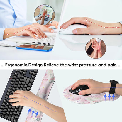Ergonomic Keyboard Mouse Pad Wrist Rest Support Set for Laptop/Computer/Desktop,Memory Foam Hand Rest Wrist Cushion for Gaming/Office,Lightweight Comfortable & Pain Relief (Flowers)