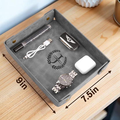 Engraved Leather Valet Tray for Men – Personalized Catchall with Custom Name for Desk, Dresser, Nightstand – Men's Organizer Tray for Keys, Wallet, Jewelry, Personalized Gift for Home, Office - Coffee
