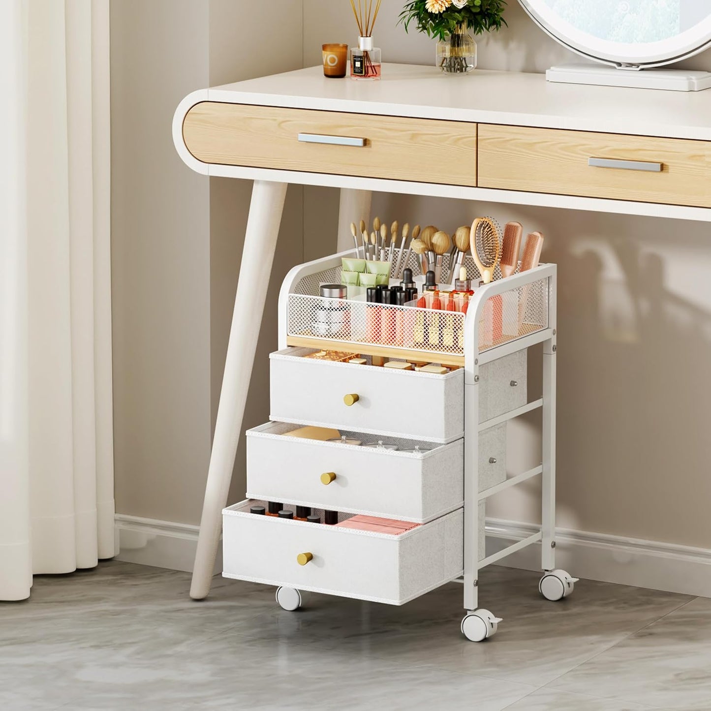 SWTYMIKI Rolling Makeup Organizer Cart - Under Desk Vanity Makeup Storage with 3 Non-woven Drawers, Nail Cart Organizer Cosmetic Display Cases Cabinet for Skin Care Perfume Nail Polish Brush Hair Tool
