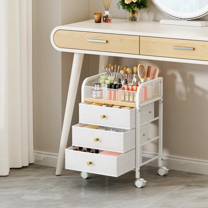 SWTYMIKI Rolling Makeup Organizer Cart - Under Desk Vanity Makeup Storage with 3 Non-woven Drawers, Nail Cart Organizer Cosmetic Display Cases Cabinet for Skin Care Perfume Nail Polish Brush Hair Tool