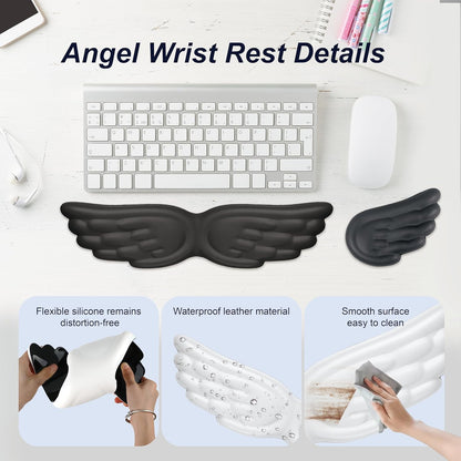 Angel Wing Wrist Rest,Cute Wrist Rest for Keyboard and Mouse,Hand Rests Set Include Ergonomic Keyboard & Mouse Hand Rest and Coaster,Filled Resilient Memory Foam,for Work,Study,Gaming (White)