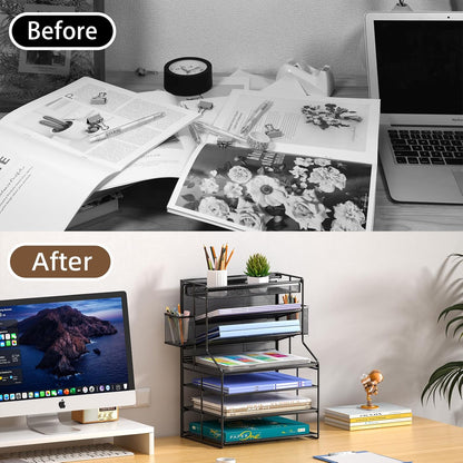 7 Tier Desk File Organizer – Vertical File Organizer for Desk with Removable Pen Holder & Adjustable Pull-out Drawer – Metal Document Organizer for Office, Simple Trending Design – Black