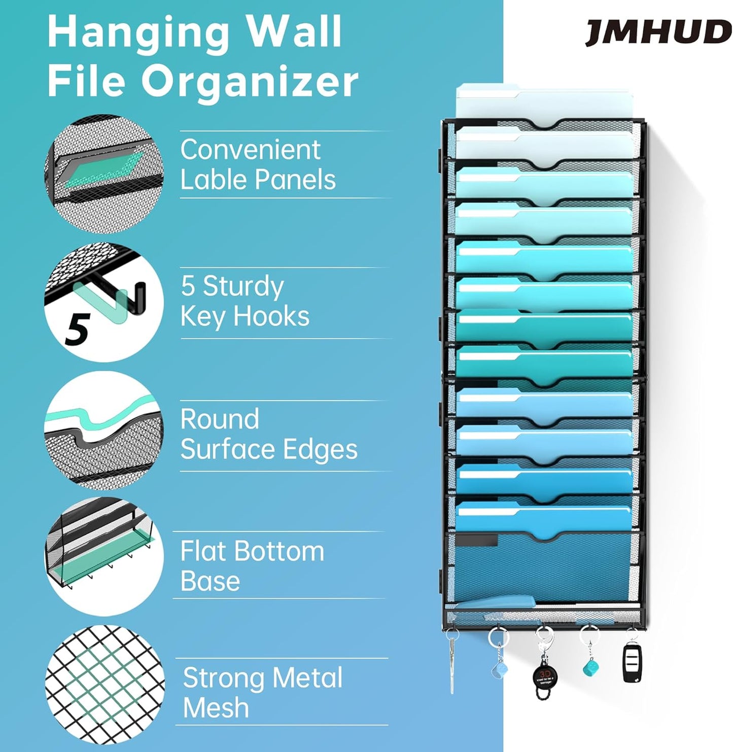 5 Tier Wall File Organizer - Hanging File Organizer with 5 Hooks, Mail Holder Wall Mounted for Papers, Folders, Magazines, Bills, Office&School Organization, Black
