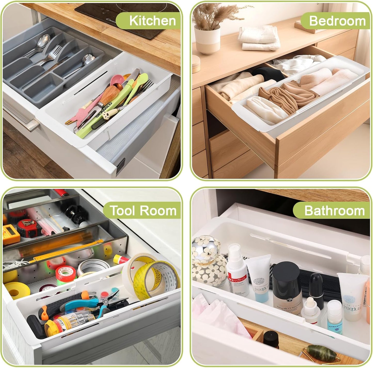 Booson 2 PCS Deep Drawer Organizer Bin Adjustable Sliding Drawer Organizers Expandable Kitchen Organizer Trays for Home Office Makeup Storage Tools