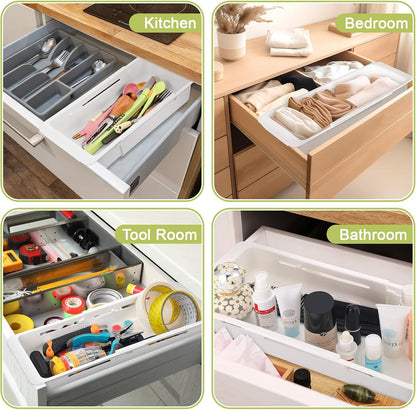 Booson 2 PCS Deep Drawer Organizer Bin Adjustable Sliding Drawer Organizers Expandable Kitchen Organizer Trays for Home Office Makeup Storage Tools