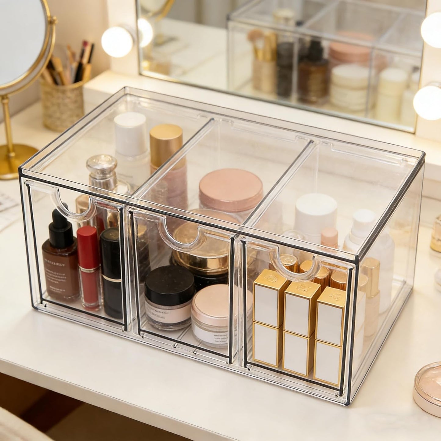 Prsildan Acrylic Makeup Organizer, 2 Pack Stackable Storage Drawers with 6 Drawers for Office Desk Vanity Craft Room Clear Drawer Organizers for Hair Accessories Art Supplies Cosmetics Modular System