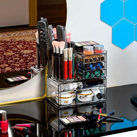 Clear Acrylic Makeup Organizers for Vanity,Countertop,3 Pack Make up Drawer Organizer With Makeup Brush Holder,Plastic Skincare Organizers for Hair Accessories,Beauty,Hair Products,Bathroom,Dresser