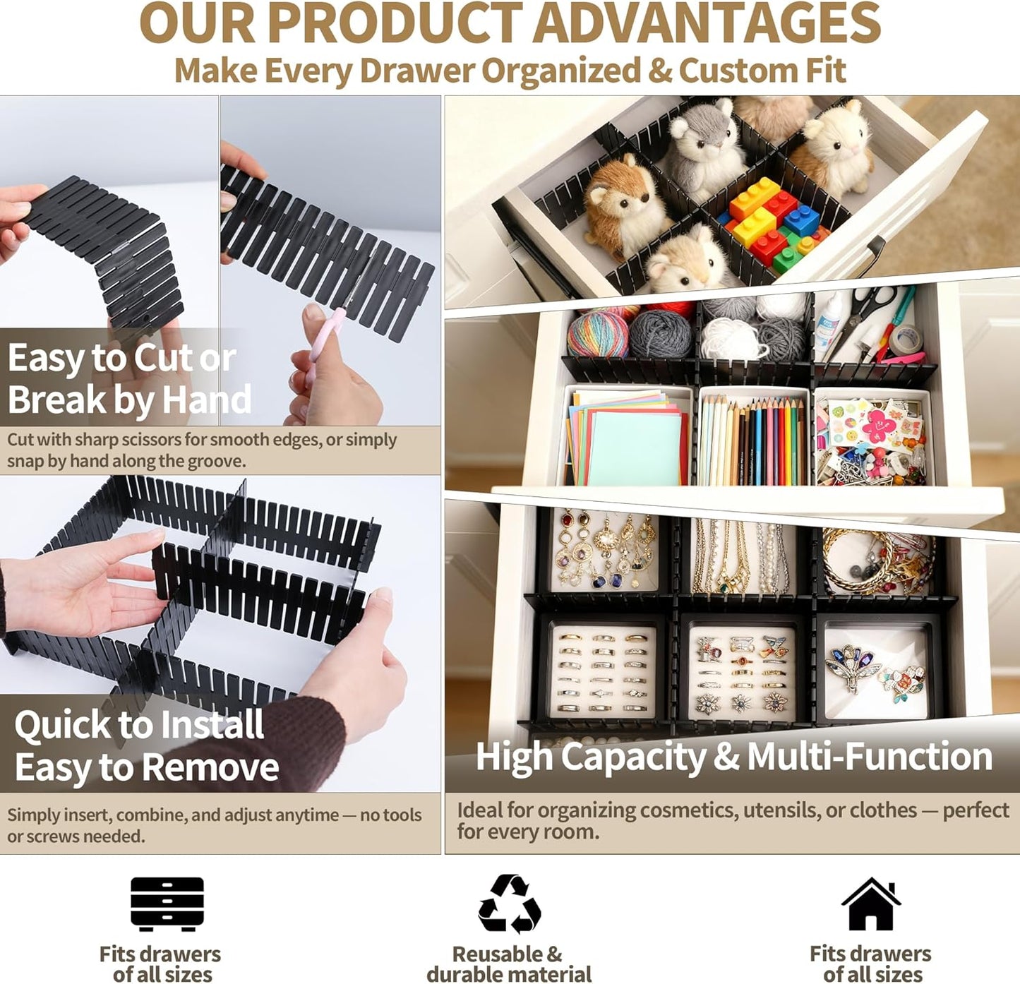Drawer Divider Adjustable Diy Storage Organizer Separator for Tidying Clutter Cutlery Makeup Clothes of Dresses, Desk & Box in Kitchen Bathroom Bedroom Office (Cut at Will) (White 8pcs)