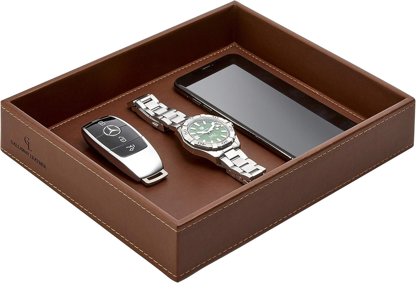 GALLAWAY Leather Valet Tray for Men - Nightstand Organizer EDC Tray for Wallet and Keys - Bedside Dresser Catch All Dump Key Bowl for Entryway Table, Dark Brown
