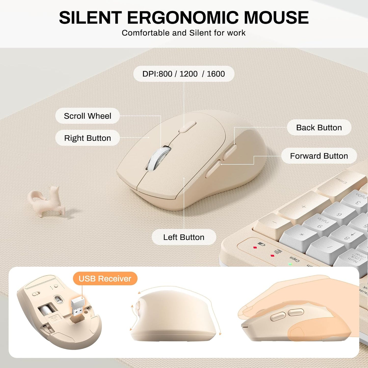 Wireless Keyboard and Mouse Combo,2.4G Full Size Wave Keys Ergonomic Keyboard with Wrist Rest for Natural Typing, 3 DPI Adjustable Ergonomic Silent Mouse for Computer/Laptop/Windows/Mac (Gray)