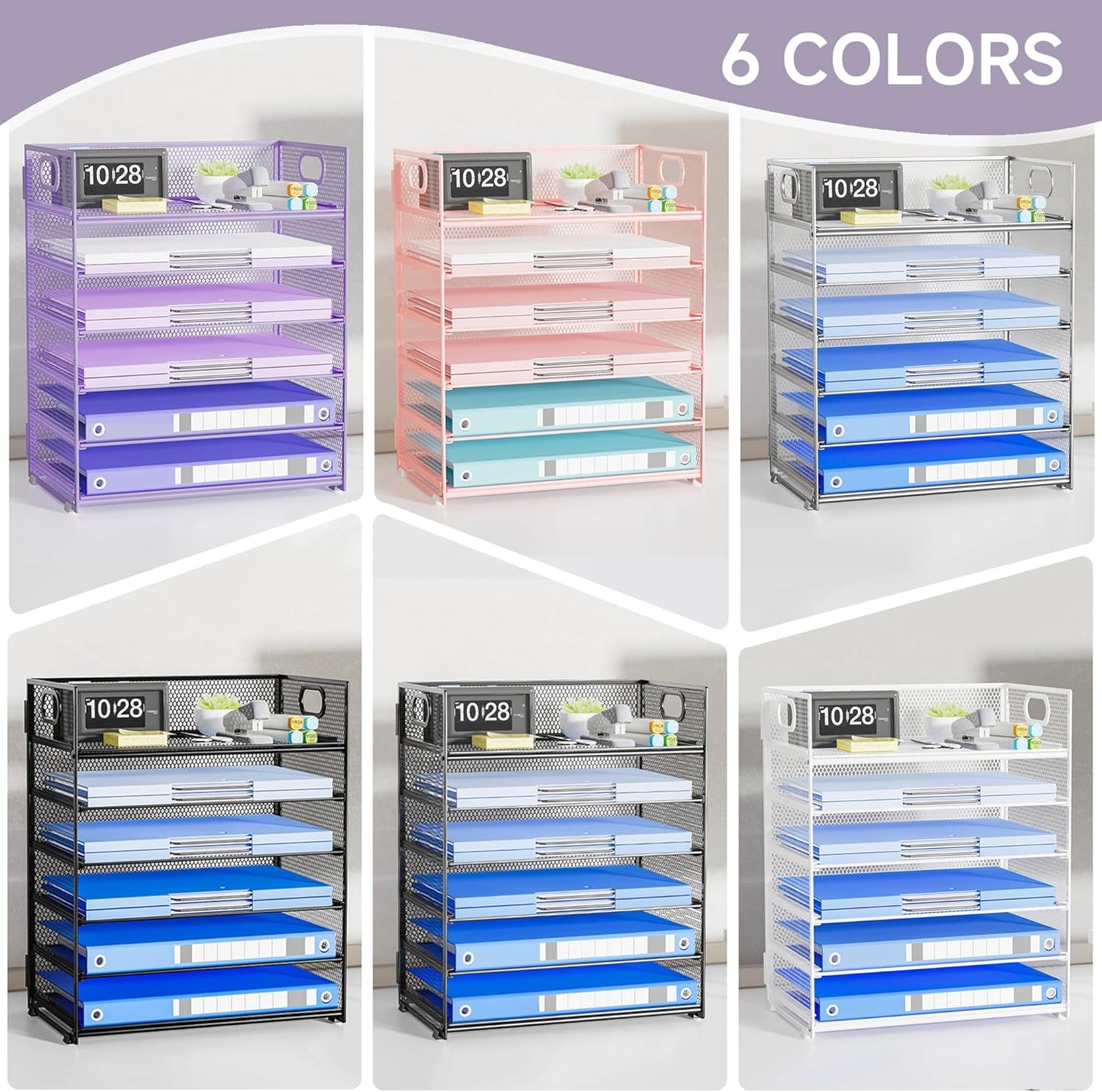 Paper Organizer Letter Tray with Handle, 5-Tier Black Stackable Desk Organizer with Metal Mesh, Sturdy Paper Tray for Office Desk, Home & Classroom Supplies Storage