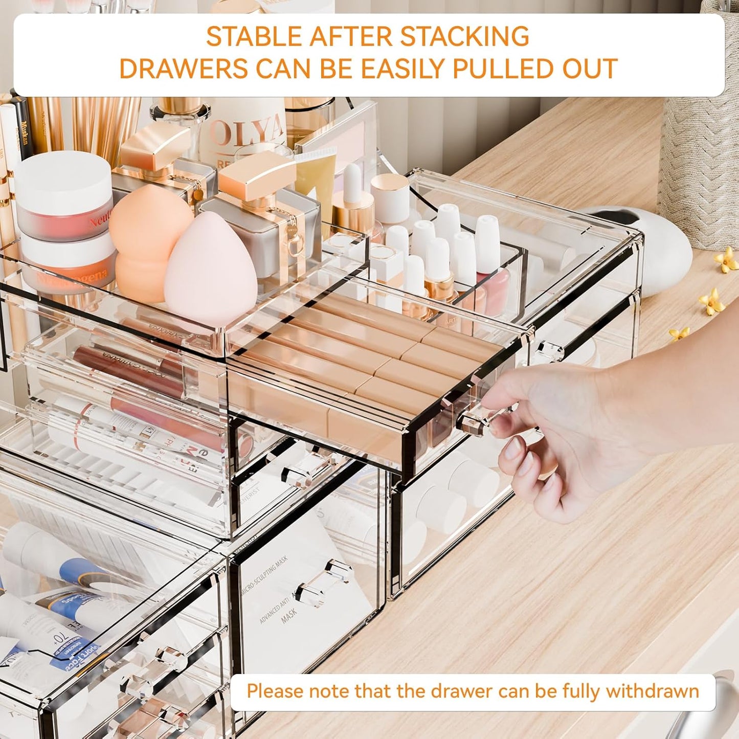 Yieach 3 Pack Clear Makeup Organizer Countertop for Dresser,Vanity and Bathroom Counter Organizer,Tiered Stackable Makeup Acrylic Organizers with 9 Drawer for Skincare,Brush and Make up Holders
