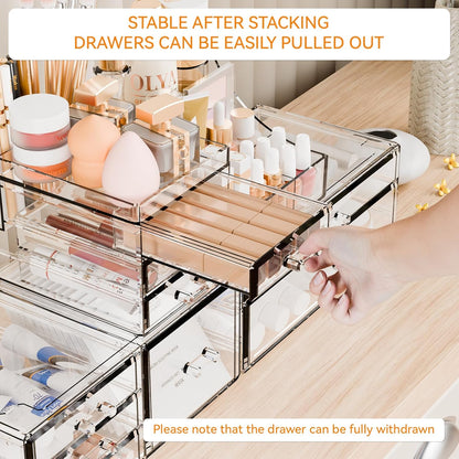 Yieach 3 Pack Clear Makeup Organizer Countertop for Dresser,Vanity and Bathroom Counter Organizer,Tiered Stackable Makeup Acrylic Organizers with 9 Drawer for Skincare,Brush and Make up Holders
