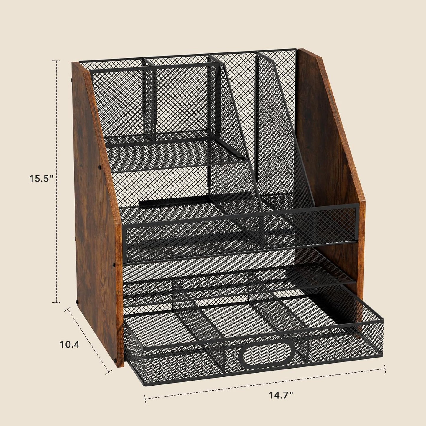 Homsorout Wooden Desk Organizer - Mesh File Organizer with Drawers and Pen Holder - 4-Tier Vertical Paper Letter Storage Tray, Desktop Organizers and Accessories for Home Office