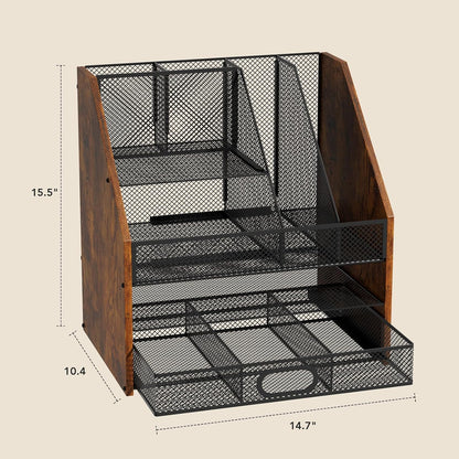 Homsorout Wooden Desk Organizer - Mesh File Organizer with Drawers and Pen Holder - 4-Tier Vertical Paper Letter Storage Tray, Desktop Organizers and Accessories for Home Office