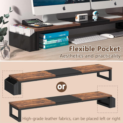 LAND·VOI Heavy Duty Dual Monitor Stand, Holds 2 Screens Up to 27 Inches, Adjustable Length and Angle Monitor Riser, Desk Organizer with Side Pockets and Drawers, Home Office Desk Storage, Rustic Brown